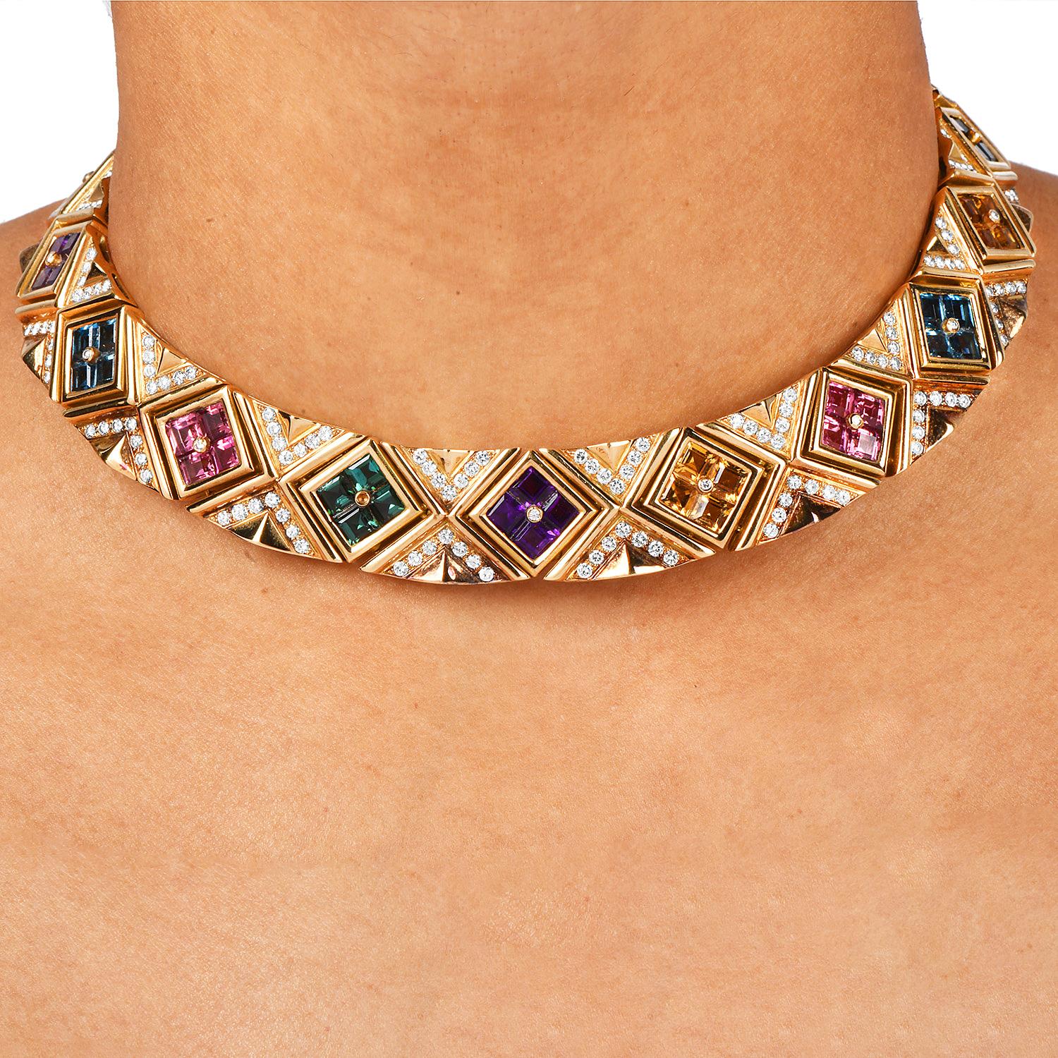 1980s  27.20cts Gemstone 9cts Diamond 18K Gold Statement Choker Necklace For Sale 2