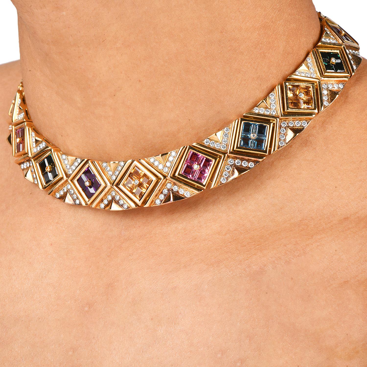 1980s  27.20cts Gemstone 9cts Diamond 18K Gold Statement Choker Necklace For Sale 3