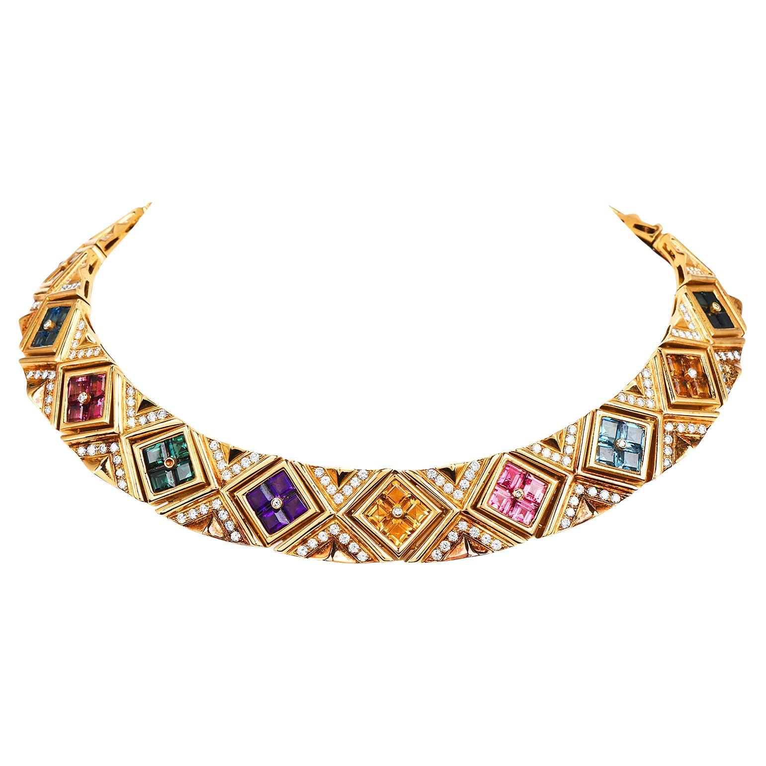 Multi Gemstone Diamond 18K Gold Statement Choker Necklace For Sale