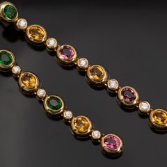 Multi-Gemstone Diamond 18k Yellow Gold Asymmetrical Long Drop Earrings