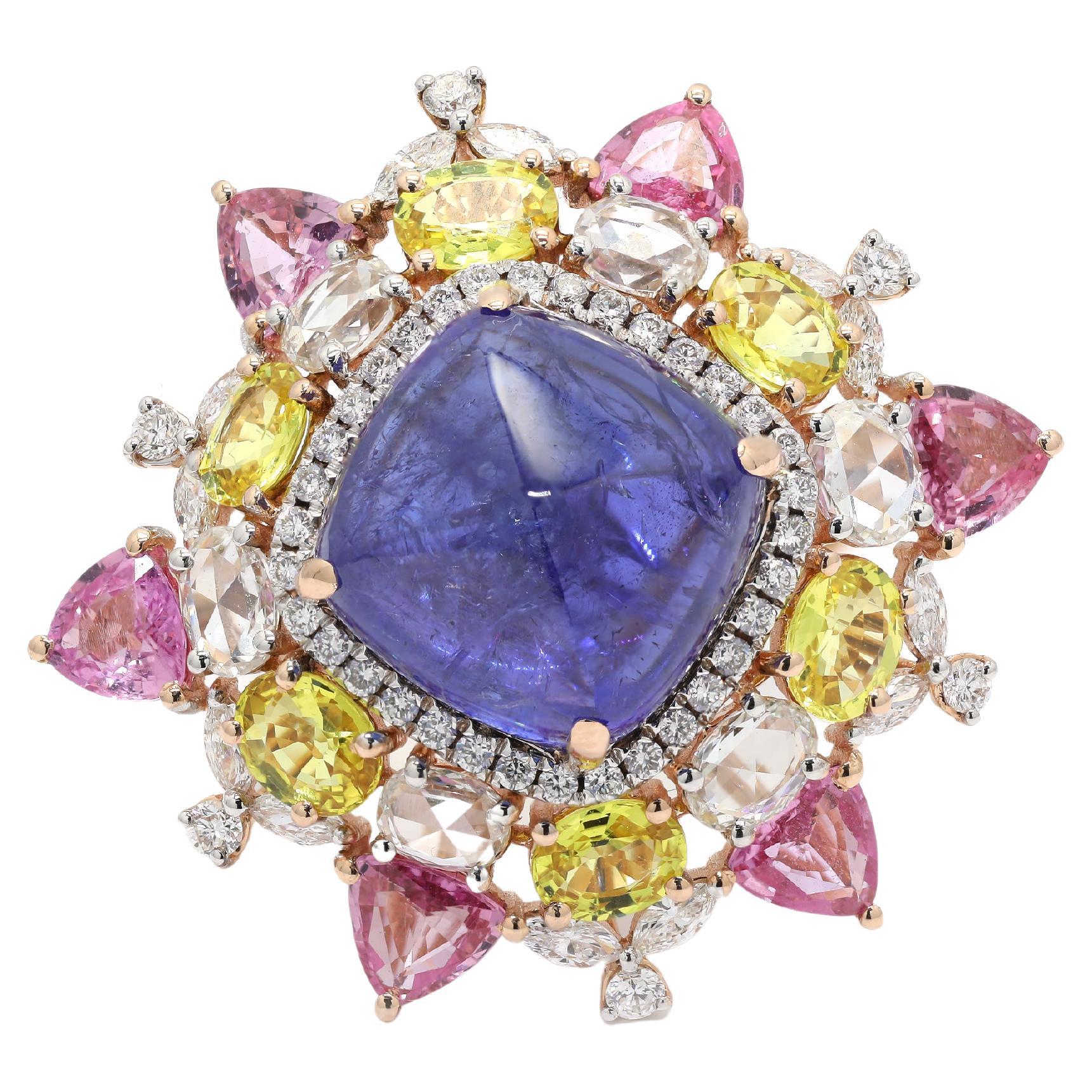 Multi Gemstone Diamond Cocktail Ring in 14K Yellow Gold