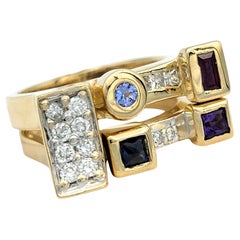 Multi Gemstone 
Diamond Contemporary Ring Set in 14 Karat Yellow Gold