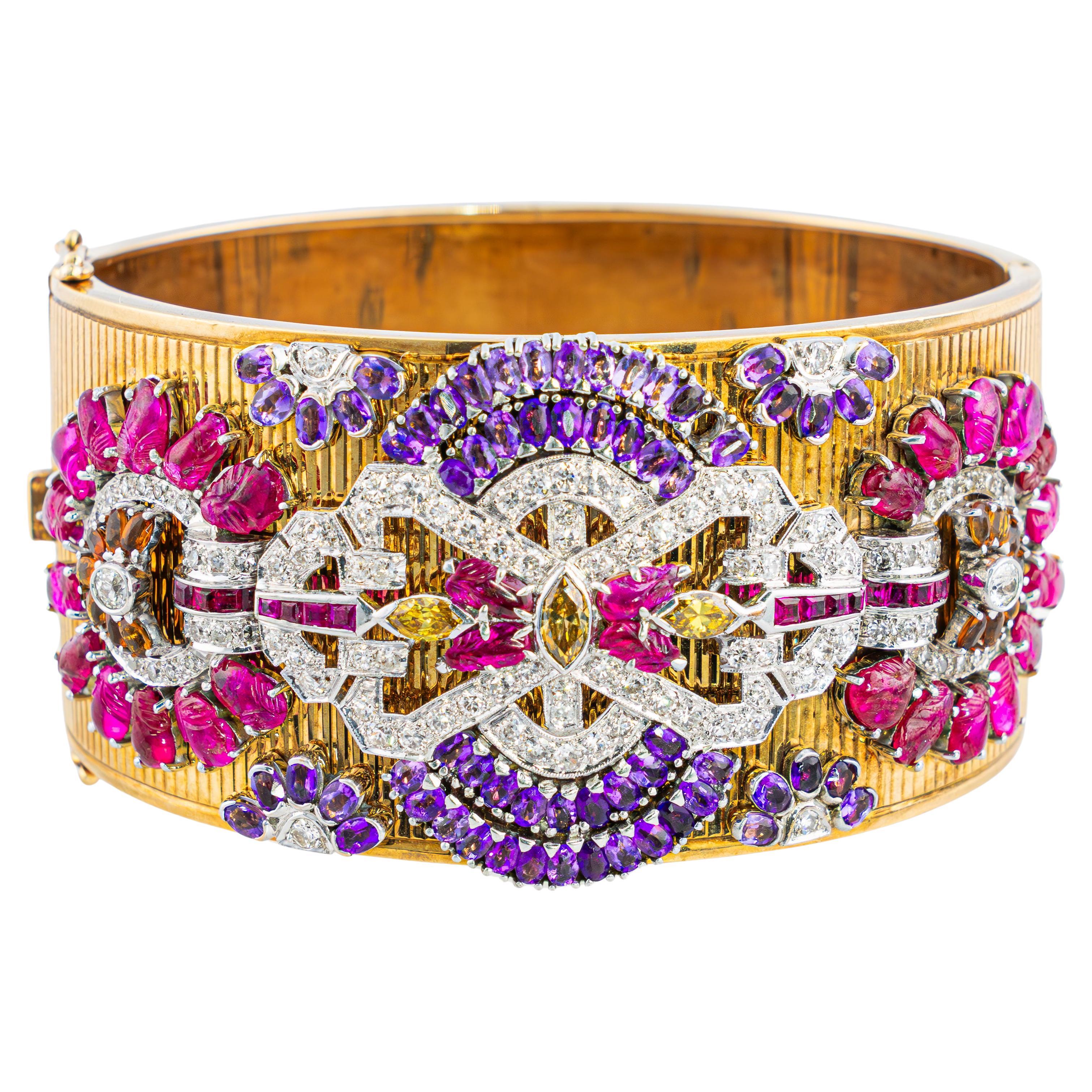 Multi-Gemstone & Diamond Platinum Gold Bangle Bracelet