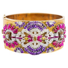 Vintage Multi-Gemstone & Diamond Platinum Gold Bangle Bracelet