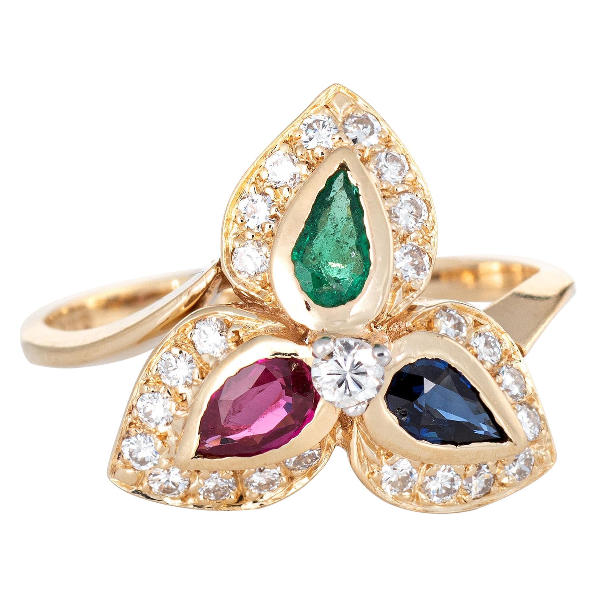 Multi Gemstone Diamond Ring Vintage 14 Karat Gold Pear Cut Cocktail Jewelry