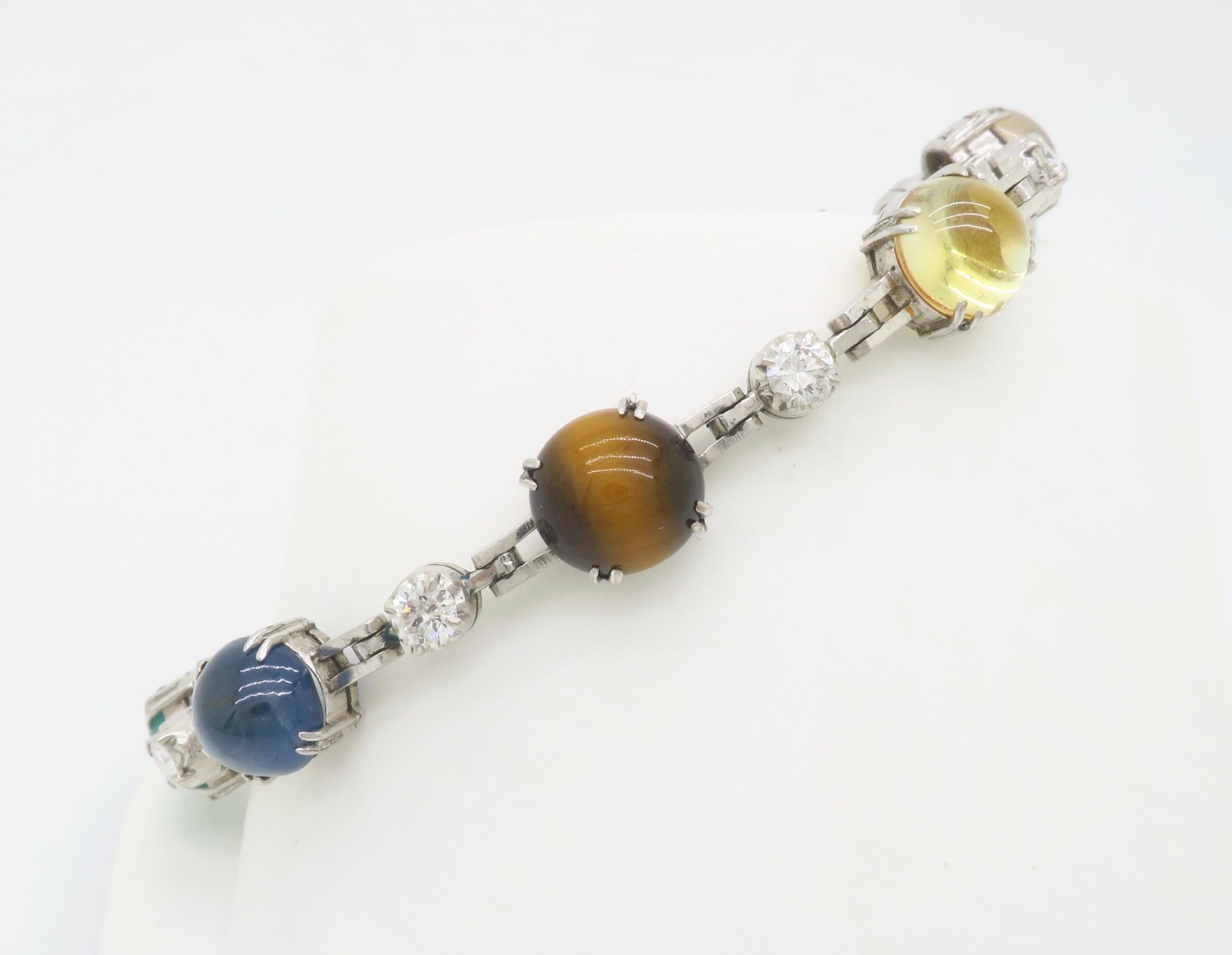 Cabochon Multi-Gemstone & Diamond Station Bracelet For Sale