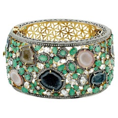 Multi Gemstone & Diamonds Cuff Decorated with Filgree Work in 18k Gold & Silver