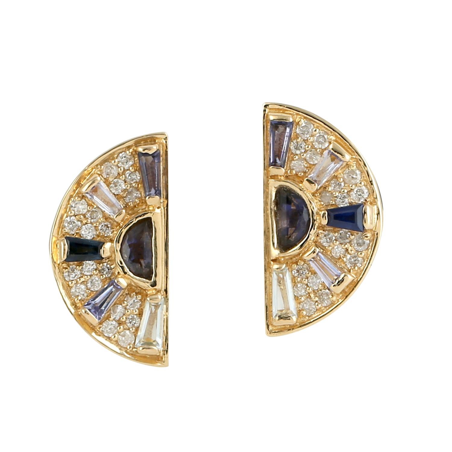 Artisan Multi Gemstone & Diamonds Studded Stud Earrings Made In 18k Yellow Gold For Sale