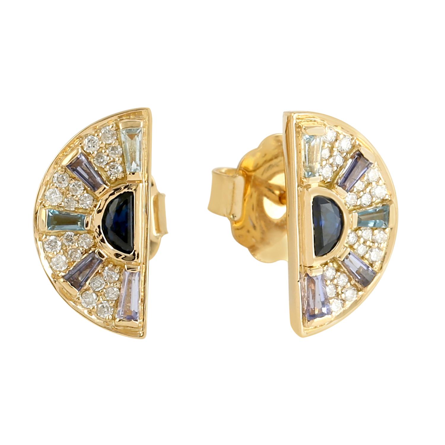 Mixed Cut Multi Gemstone & Diamonds Studded Stud Earrings Made In 18k Yellow Gold For Sale