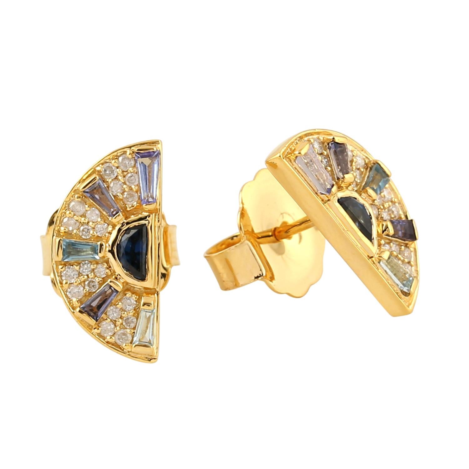 Multi Gemstone & Diamonds Studded Stud Earrings Made In 18k Yellow Gold In New Condition For Sale In New York, NY