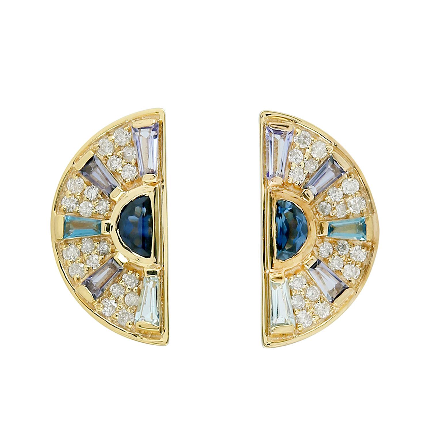 Women's Multi Gemstone & Diamonds Studded Stud Earrings Made In 18k Yellow Gold For Sale