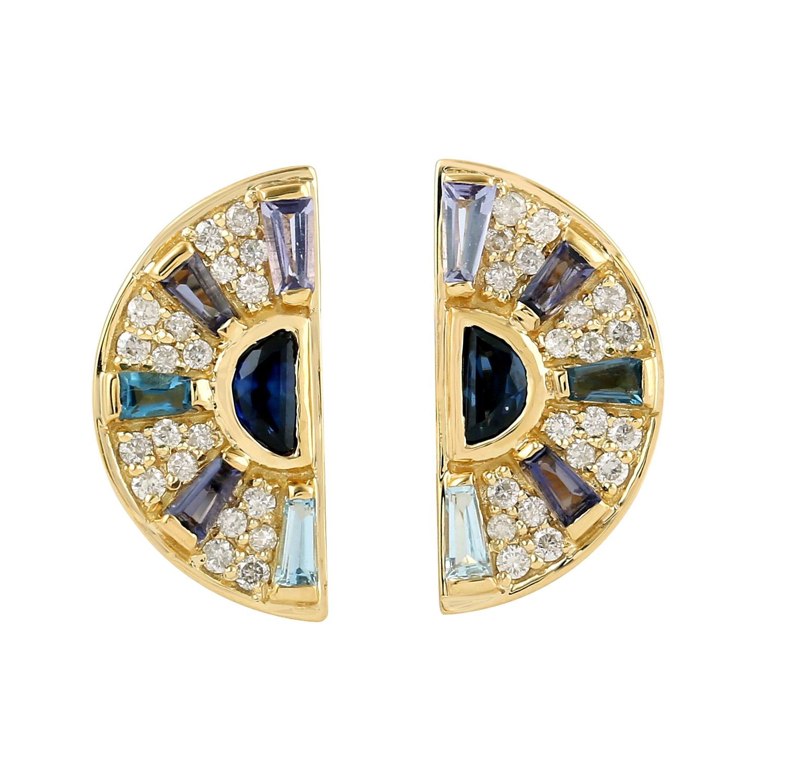 Multi Gemstone & Diamonds Studded Stud Earrings Made In 18k Yellow Gold For Sale 1
