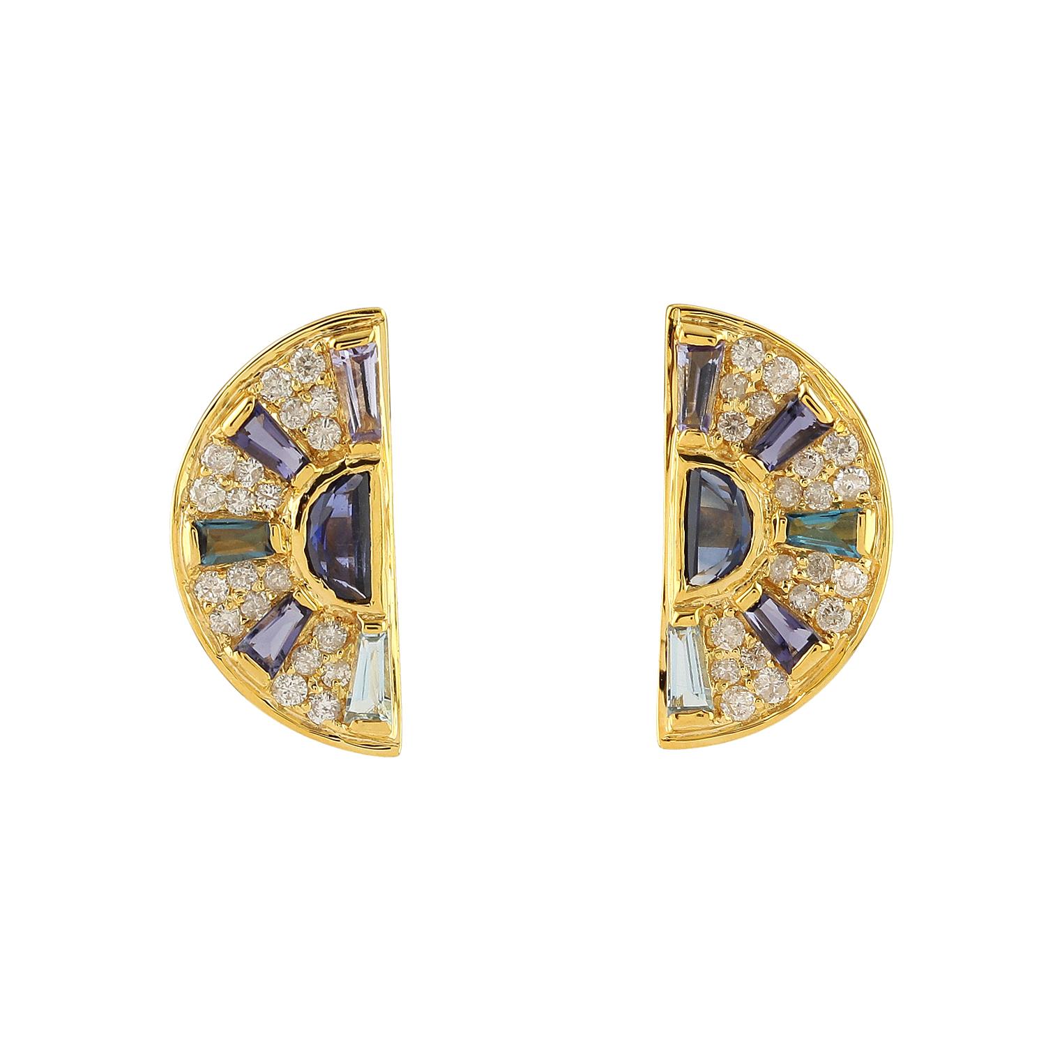 Multi Gemstone & Diamonds Studded Stud Earrings Made In 18k Yellow Gold For Sale 2