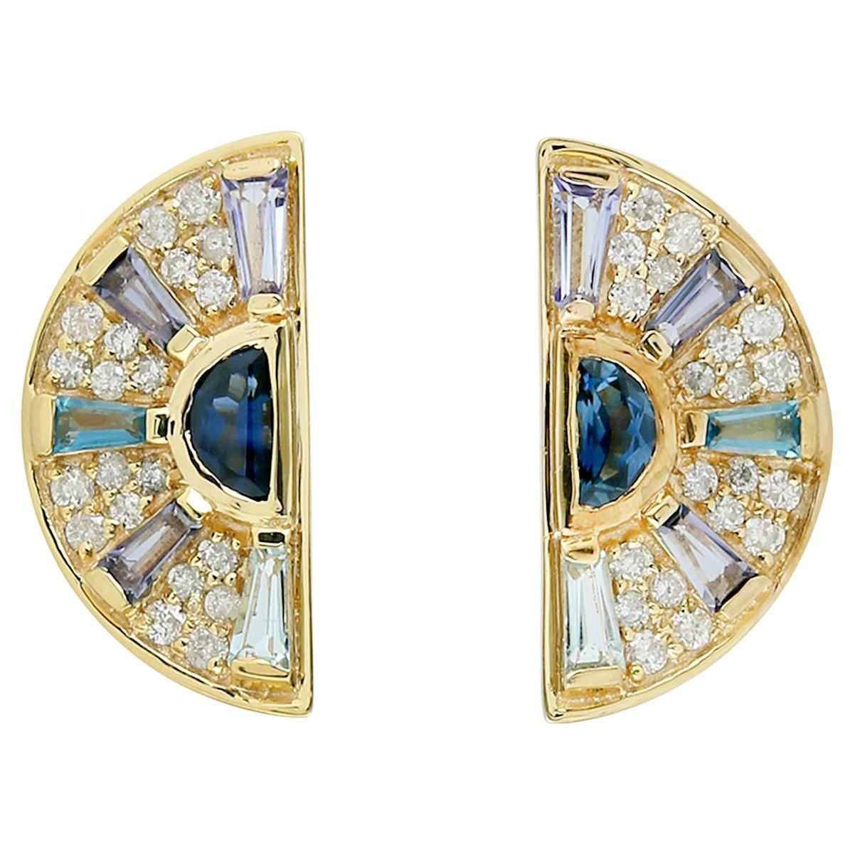 Multi Gemstone & Diamonds Studded Stud Earrings Made In 18k Yellow Gold