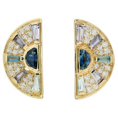 Multi Gemstone & Diamonds Studded Stud Earrings Made In 18k Yellow Gold