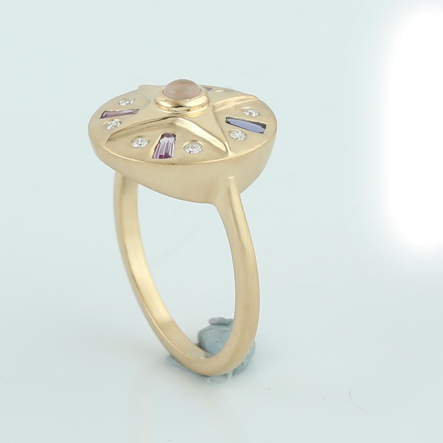 Contemporary Multi Gemstone Disc Ring With Diamonds Made In 18k Yellow Gold For Sale