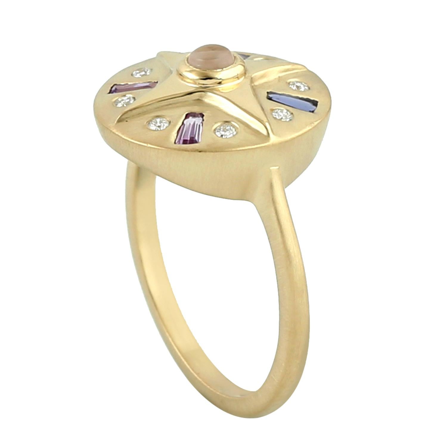 Contemporary Multi Gemstone Disc Ring With Diamonds Made In 18k Yellow Gold For Sale