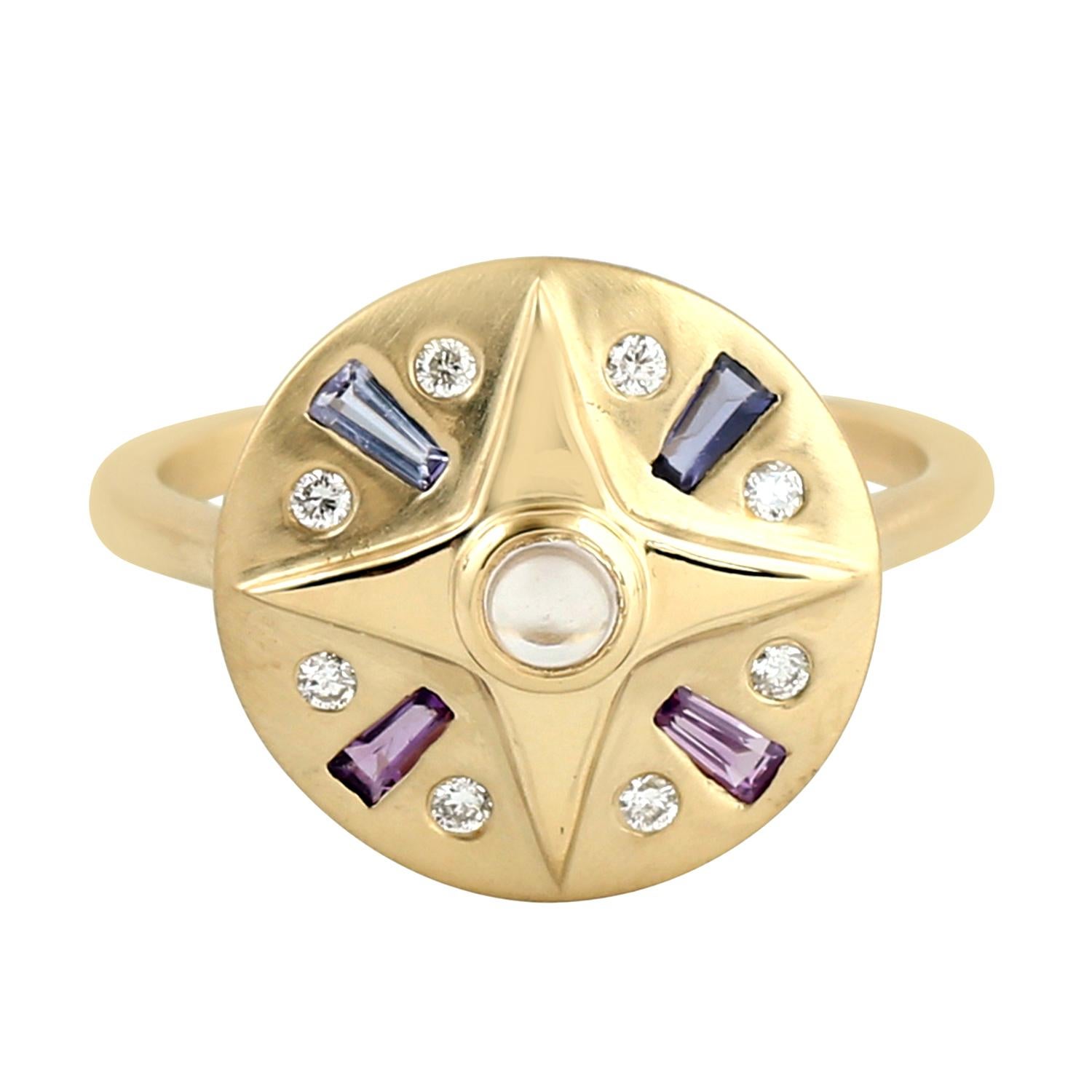 Mixed Cut Multi Gemstone Disc Ring With Diamonds Made In 18k Yellow Gold For Sale