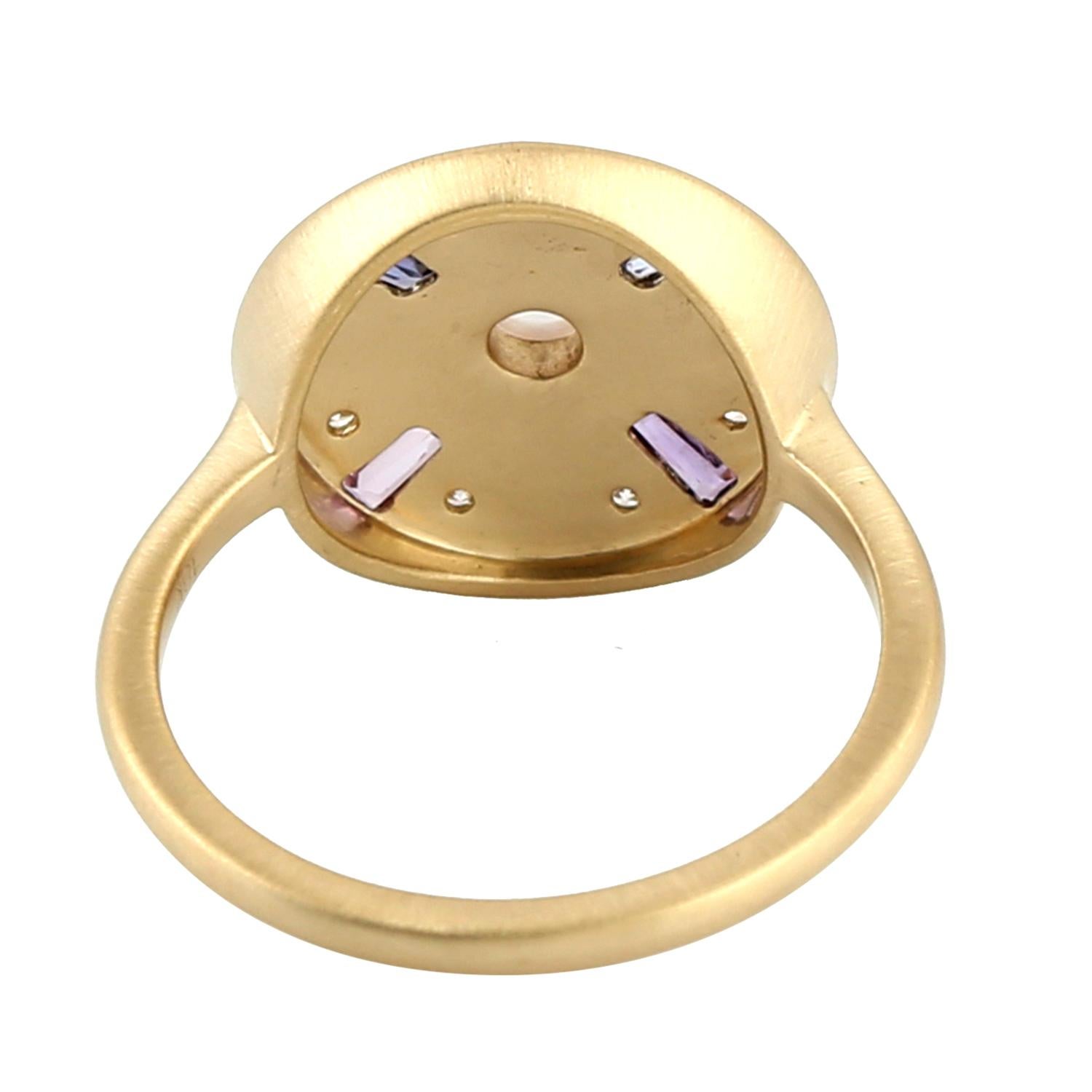 Multi Gemstone Disc Ring With Diamonds Made In 18k Yellow Gold In New Condition For Sale In New York, NY
