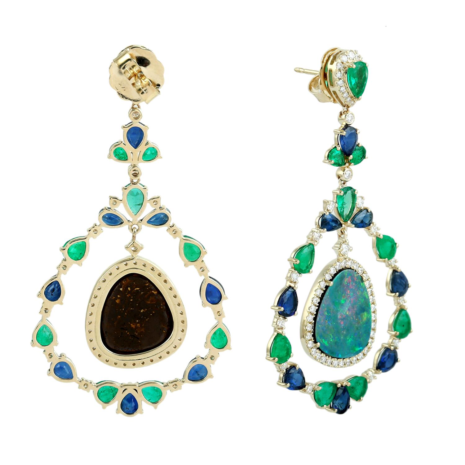 Mixed Cut Multi Gemstone Australian Opal Earrings With Diamonds In 14k White Gold For Sale