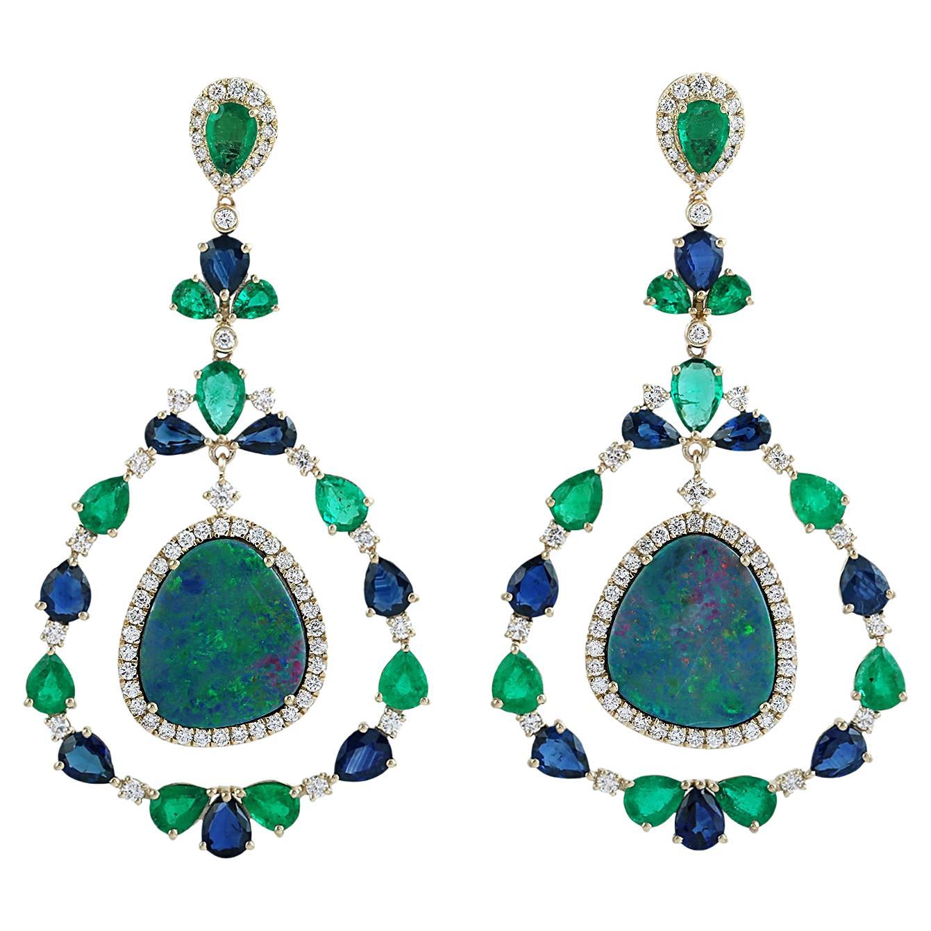 Multi Gemstone Australian Opal Earrings With Diamonds In 14k White Gold