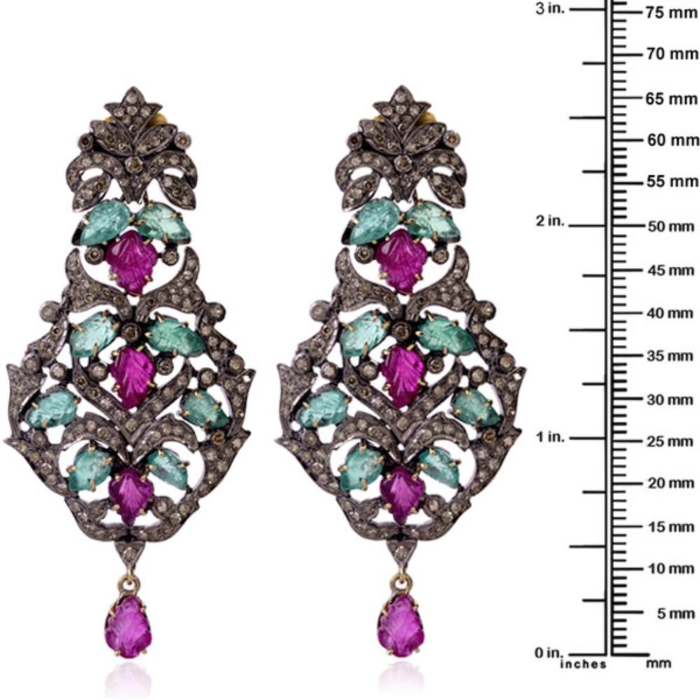 Mixed Cut Multi Gemstone Earring with Pave Diamonds Made in Gold & Silver For Sale