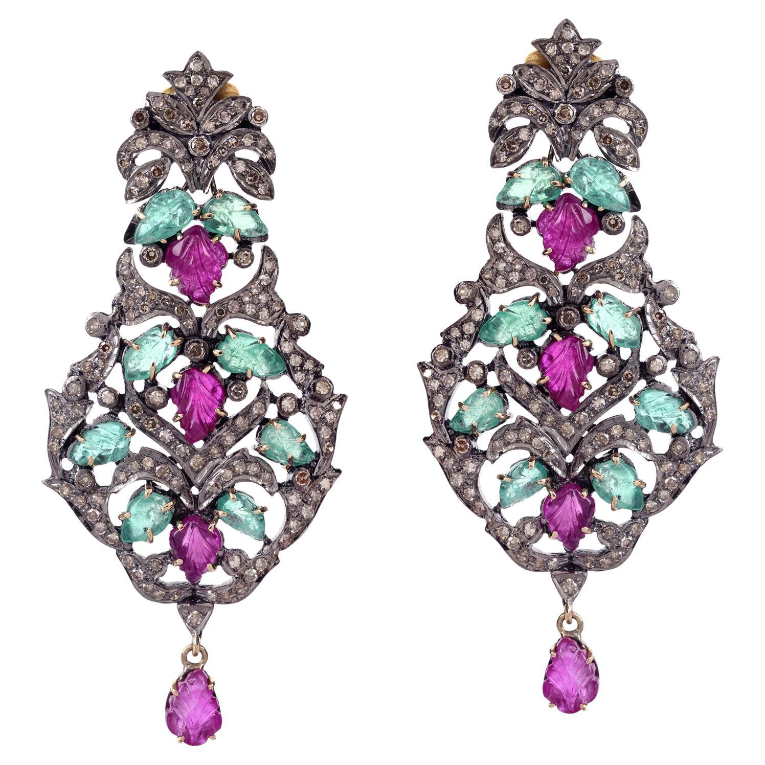 Multi Gemstone Earring with Pave Diamonds Made in Gold & Silver For Sale