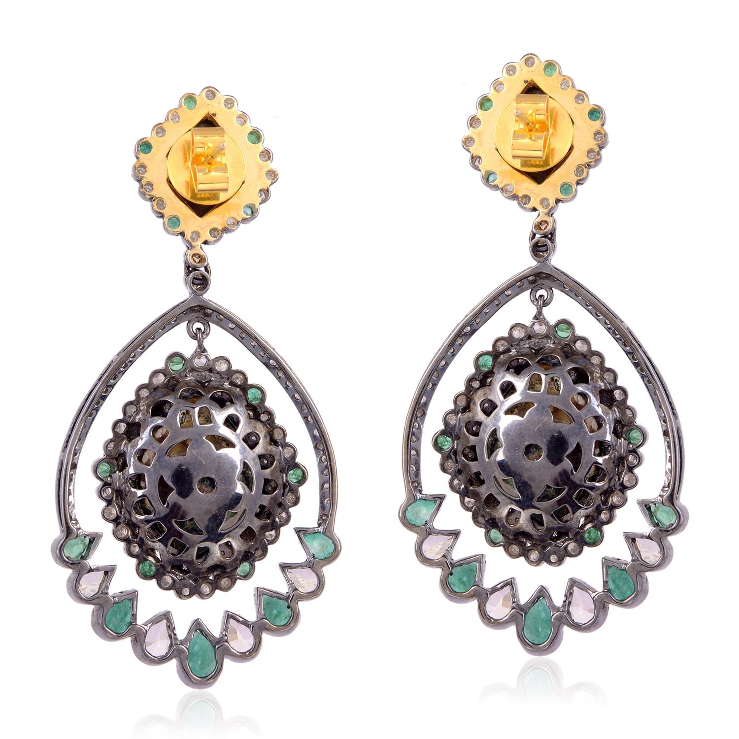 Mixed Cut Multi Gemstone Earring with Rose Cut & Pave Diamonds Made in 18k Gold & Silver For Sale
