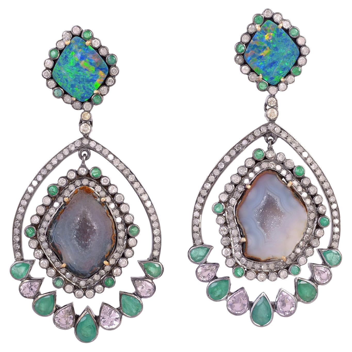 Multi Gemstone Earring with Rose Cut & Pave Diamonds Made in 18k Gold & Silver For Sale