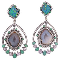 Multi Gemstone Earring with Rose Cut & Pave Diamonds Made in 18k Gold & Silver