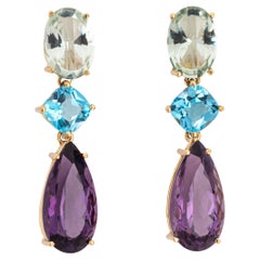 Multi Gemstone Earrings Estate 18k Yellow Gold 1.5" Drops Amethyst Blue Topaz