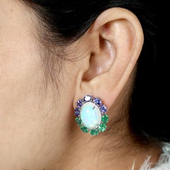 Multi Gemstone Earrings With Opal & Diamonds Made In 18k Gold