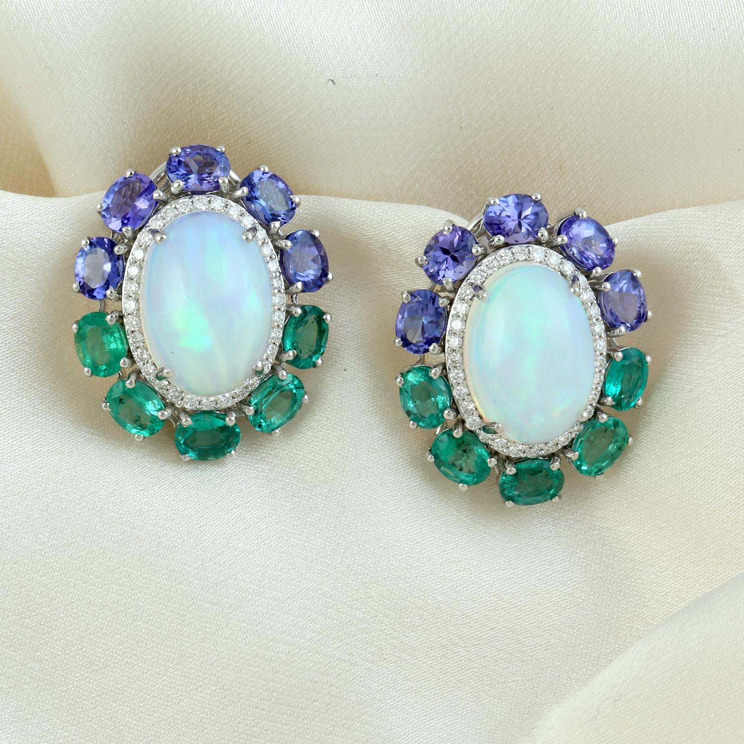 Contemporary Multi Gemstone Earrings With Opal & Diamonds Made In 18k Gold For Sale