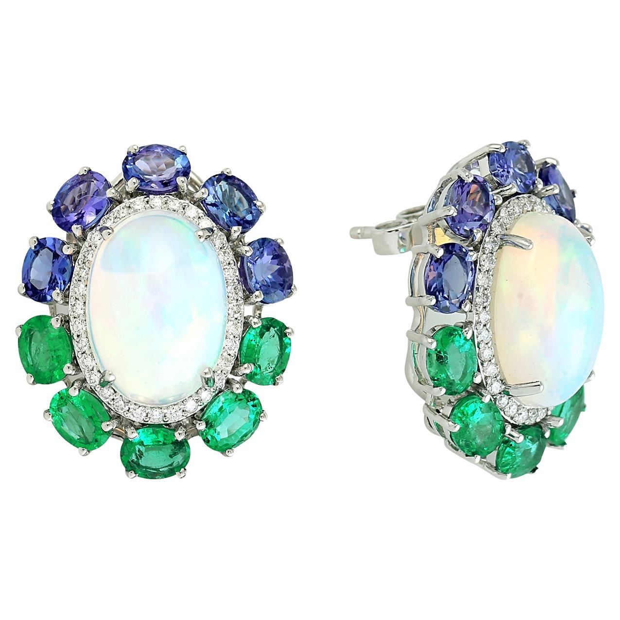 Multi Gemstone Earrings With Opal & Diamonds Made In 18k Gold For Sale