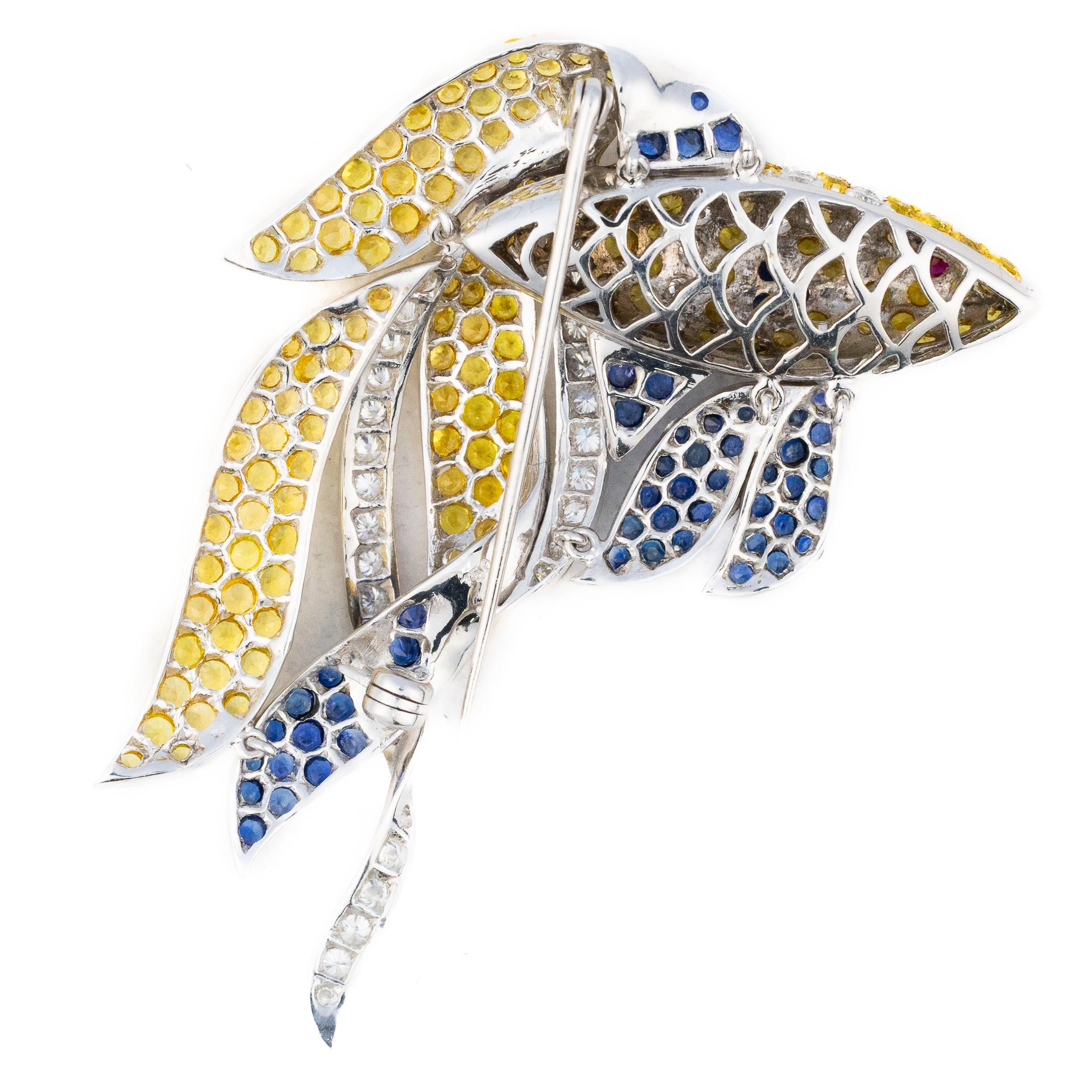 Retro Multi-Gemstone Fish Brooch in White Gold For Sale