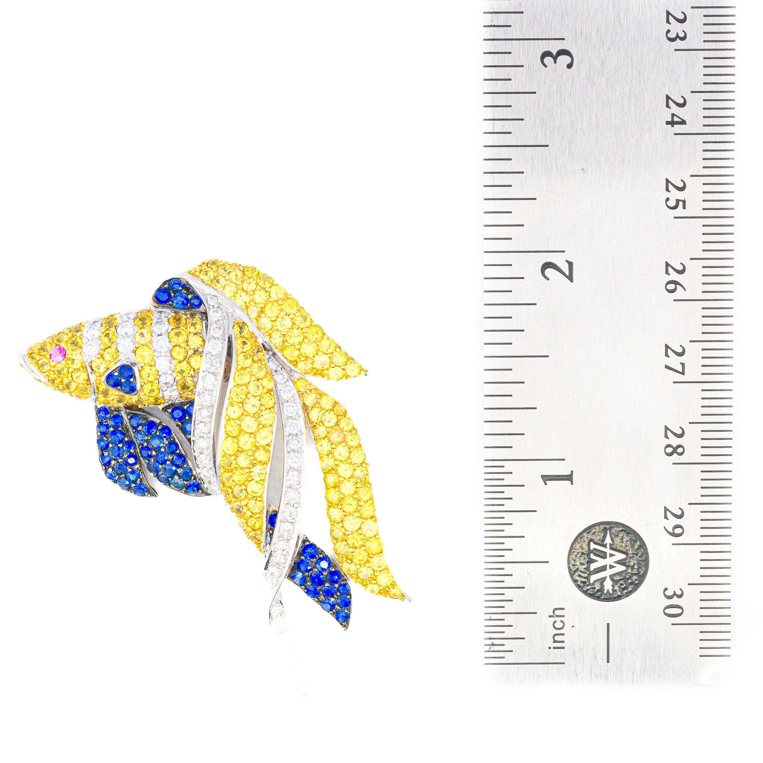 Round Cut Multi-Gemstone Fish Brooch in White Gold For Sale