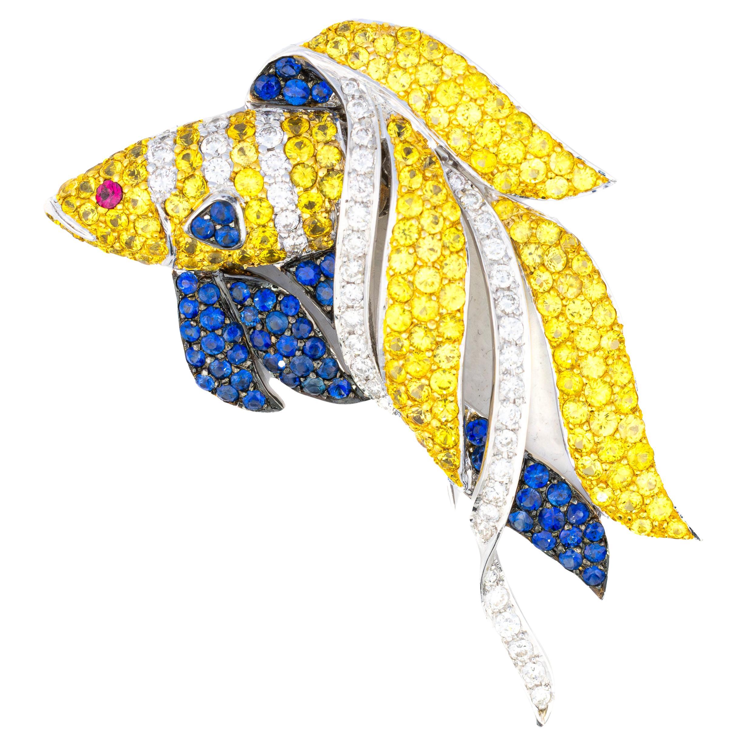 Multi-Gemstone Fish Brooch in White Gold