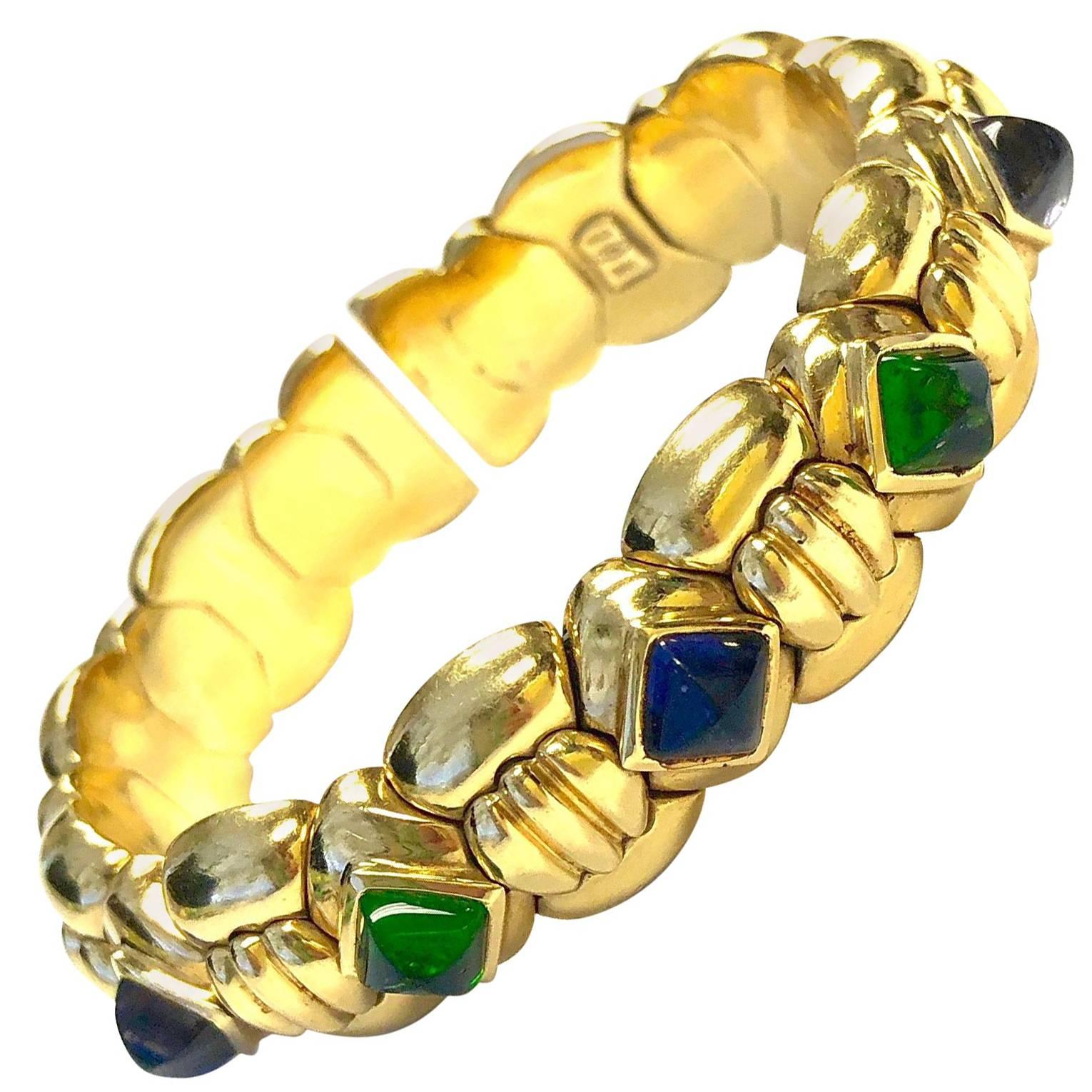 Multi-Gemstone Flexible Gold Cuff Bracelet