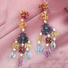 Multi Gemstone Flower Dangle Earrings With Diamonds Made In 18k Yellow Gold