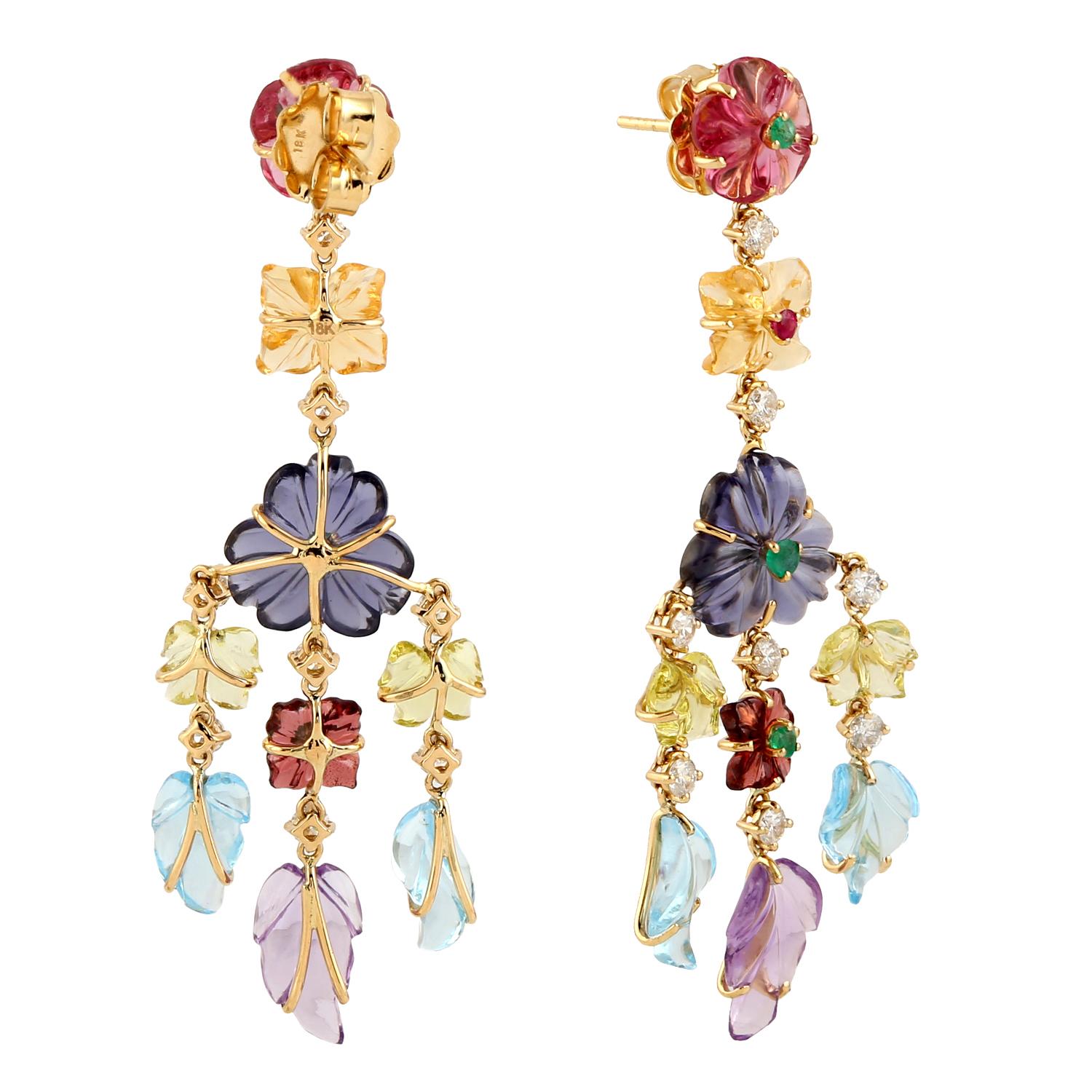 Contemporary Multi Gemstone Flower Dangle Earrings With Diamonds Made In 18k Yellow Gold For Sale
