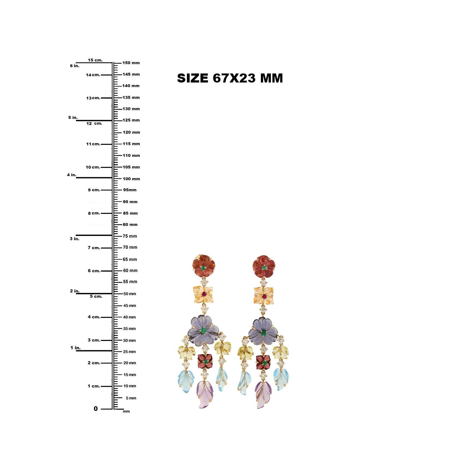 Mixed Cut Multi Gemstone Flower Dangle Earrings With Diamonds Made In 18k Yellow Gold For Sale