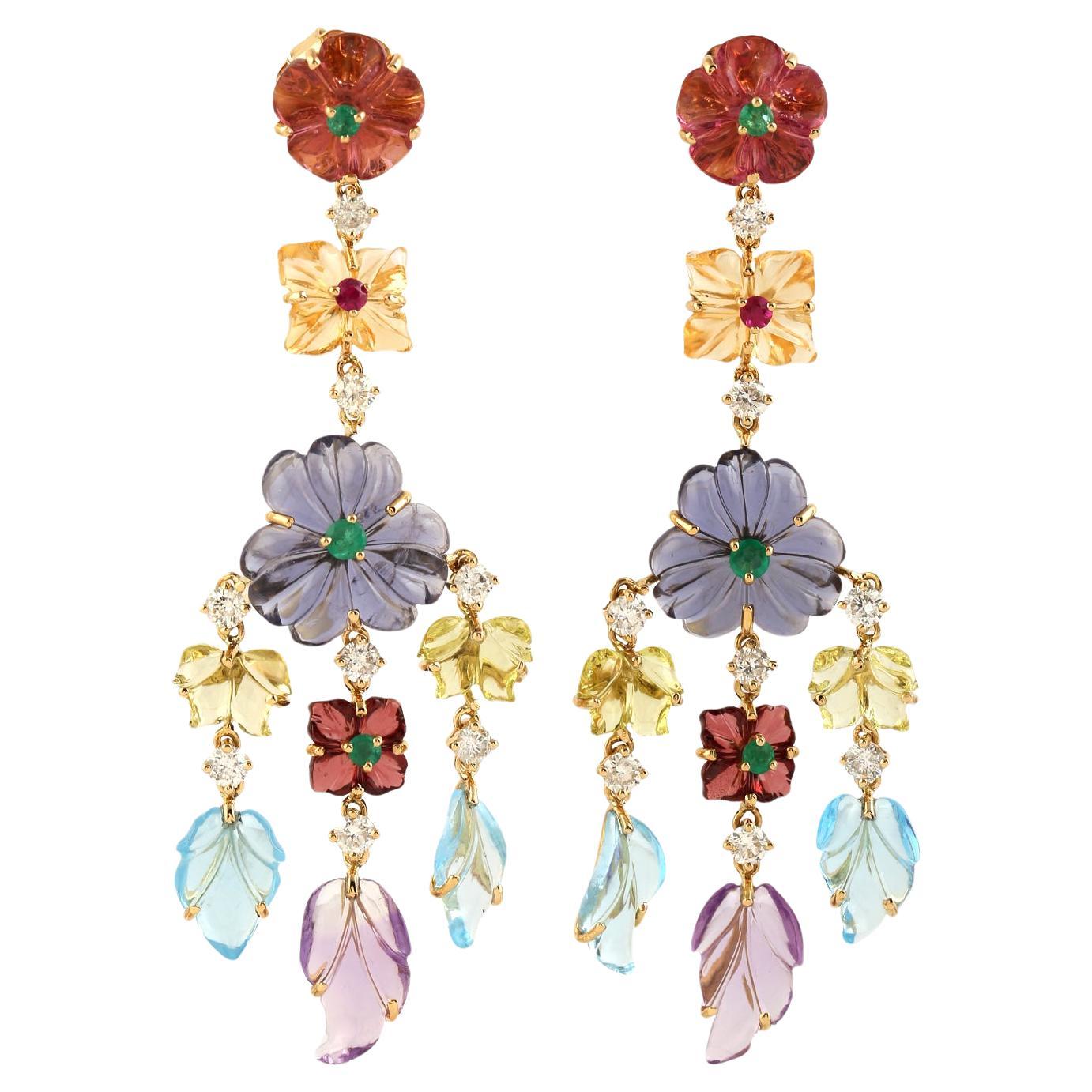 Multi Gemstone Flower Dangle Earrings With Diamonds Made In 18k Yellow Gold For Sale