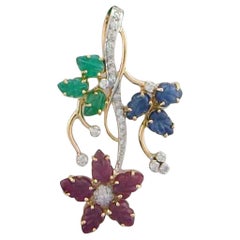 Multi Gemstone Flowers And Stem Design Pendant With Diamonds Made In 18k Gold