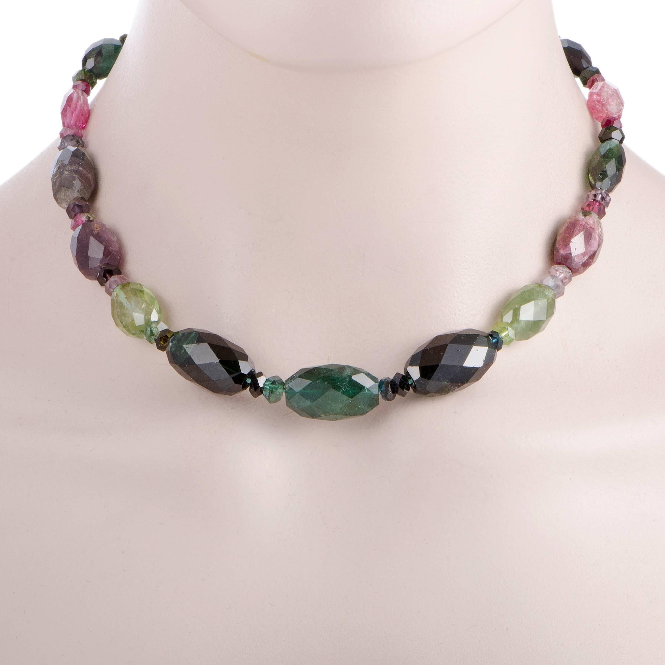 Lending their irresistible allure to the necklace, the colorful gemstones give a compellingly fashionable appeal to this exceptional jewelry piece. The necklace is made of 18K yellow gold and it is embellished with multi-colored tourmaline bead.