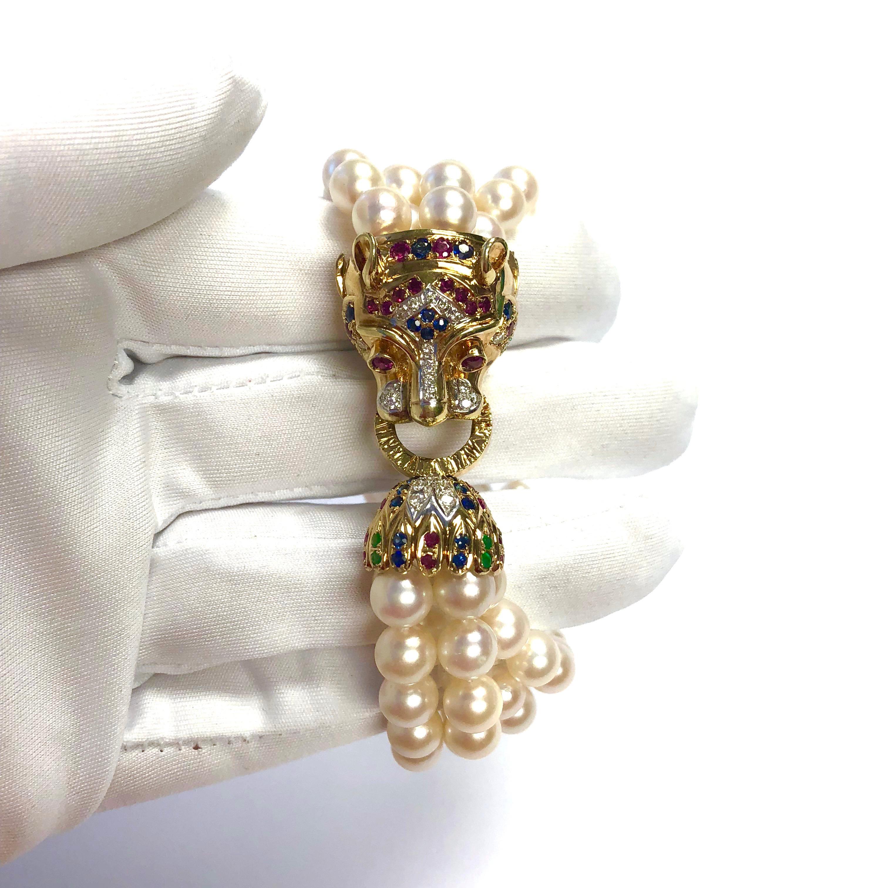 Women's or Men's Multi Gemstone Gold Panther Four Strand Pearl Bracelet
