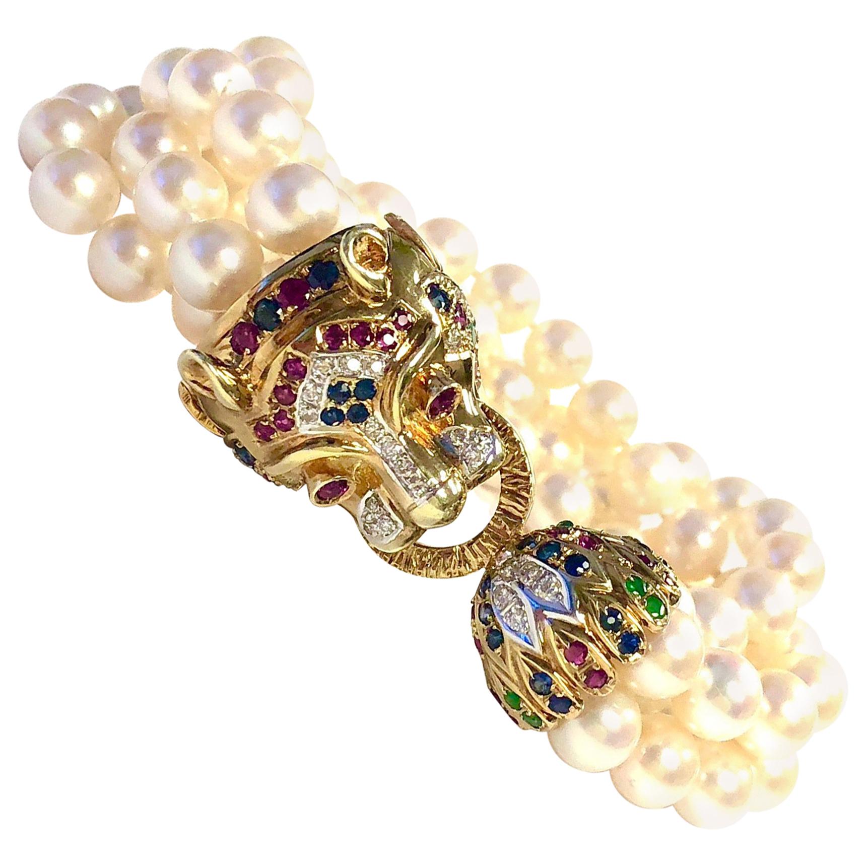 Multi Gemstone Gold Panther Four Strand Pearl Bracelet