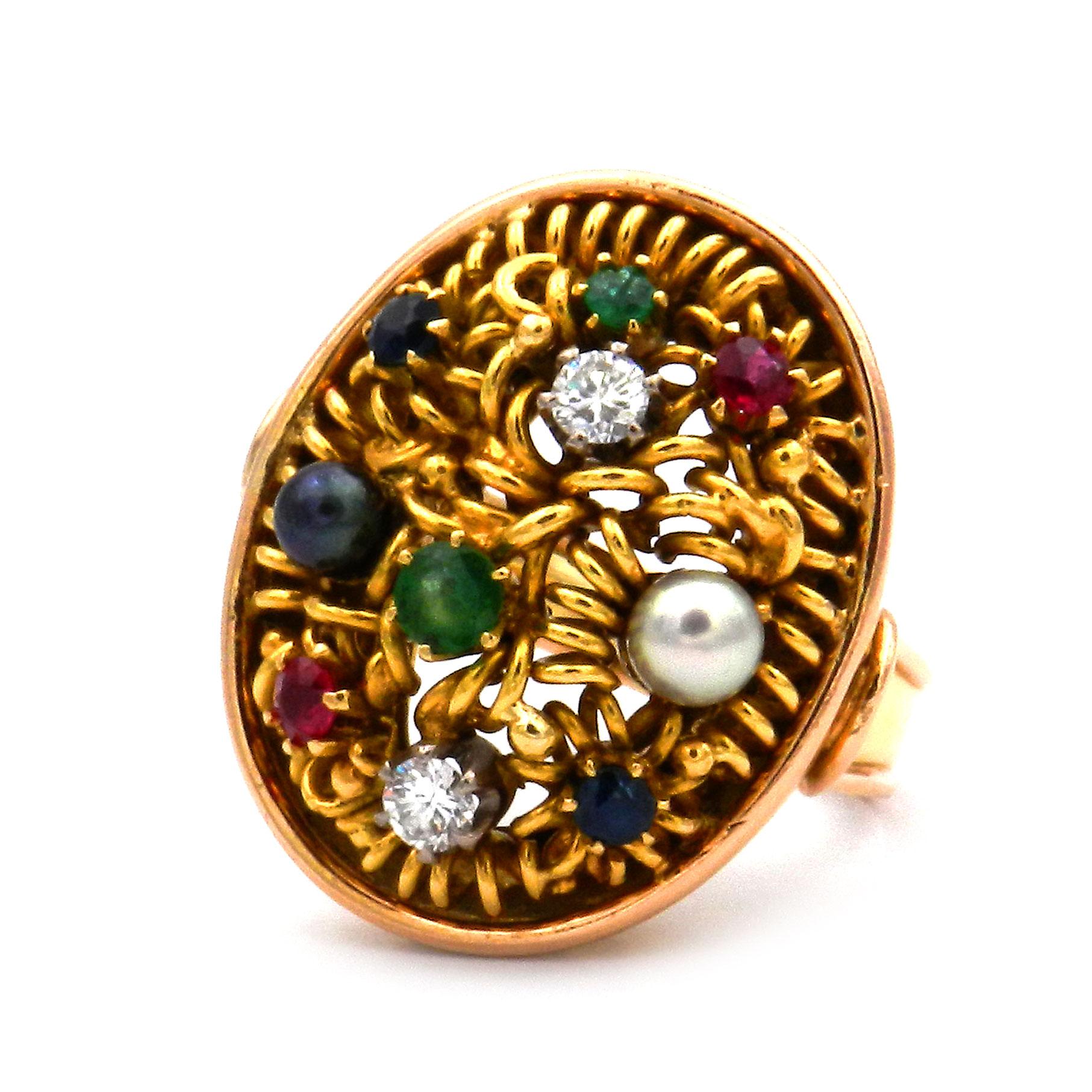 Mehrsteiniger Goldring 0,3 Karat Diamanten Saphir Rubin Smaragd und Perlen ca. 1930 im Zustand „Gut“ im Angebot in Goettingen, DE