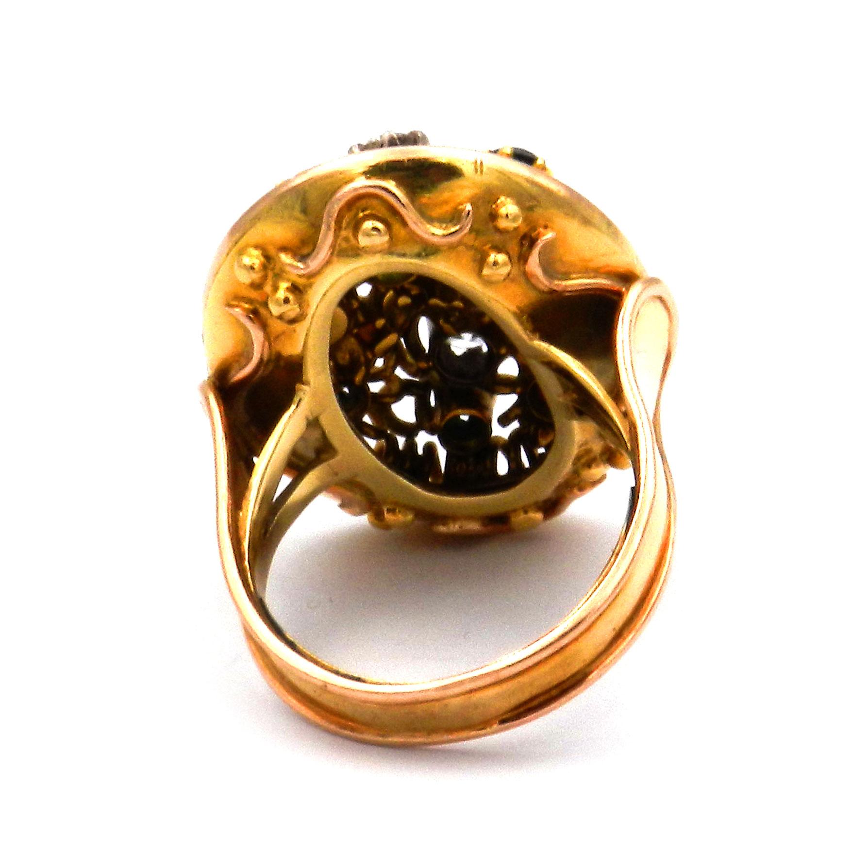 Mehrsteiniger Goldring 0,3 Karat Diamanten Saphir Rubin Smaragd und Perlen ca. 1930 Damen im Angebot