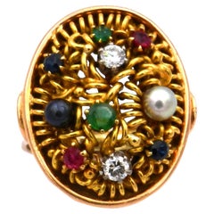 Multi Gemstone Gold Ring 0.3ct Diamonds Saphire Ruby Emerald and Pearls ca. 1930