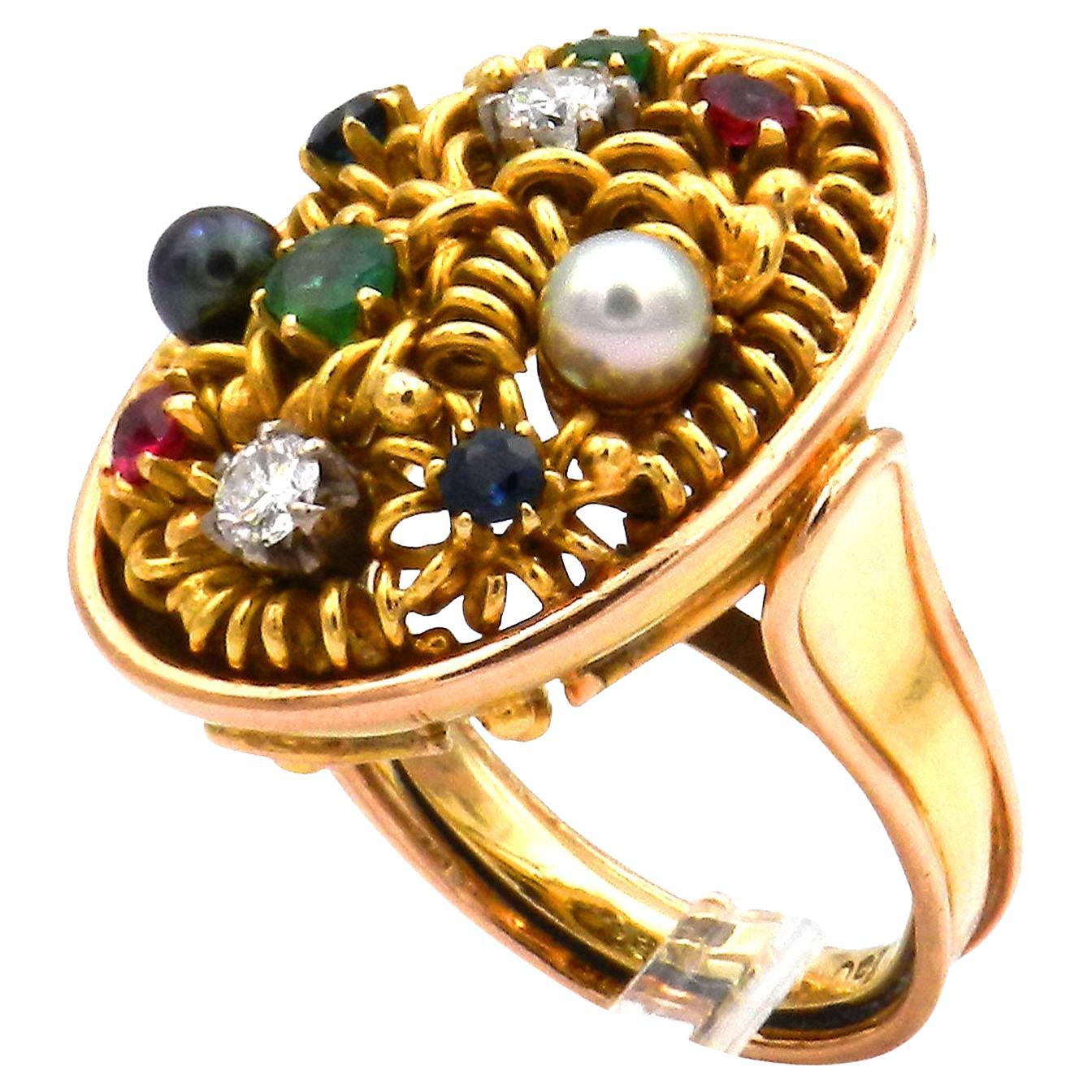 Mehrsteiniger Goldring 0,3 Karat Diamanten Saphir Rubin Smaragd und Perlen ca. 1930 (Art déco) im Angebot